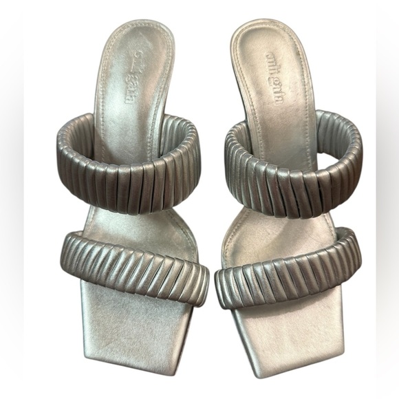 Cult Gaia Valence 75MM Metallic Leather Sandals in Silver Size 7.5 - Picture 2 of 13